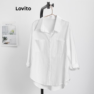 Lovito เสื้อเบลาส์ลำลอง สีพื้น ขอบไม่เท่ากัน มีกระเป๋า สำหรับผู้หญิง LNE10001 (สีขาว)