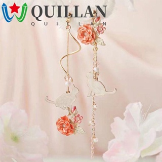 Quillan ต่างหูเข็มเงิน S925 ห้อยพู่ จี้รูปดอกไม้ แมว ไม่สมมาตร สไตล์เกาหลี