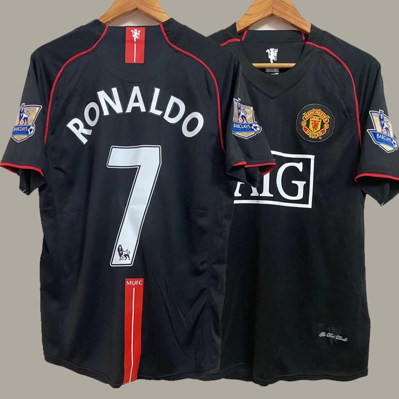 เสื้อกีฬาแขนสั้น ลายทีมชาติฟุตบอล M-U Away 07-08 ชุดเยือน สีดํา สไตล์เรโทร ไซซ์ S-XXL