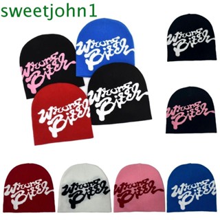 Sweetjohn หมวกบีนนี่ ผ้าถัก ยืดหยุ่น ลายตัวอักษร กะโหลกศีรษะ สีพื้น แฟชั่นฤดูใบไม้ร่วง ฤดูหนาว