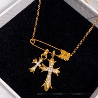 0905YWJB Full Diamond Double Cross Pin Necklace Light Luxury Minority Design Twin Accessories High Sense European and American Style Necklace Female ZOSR