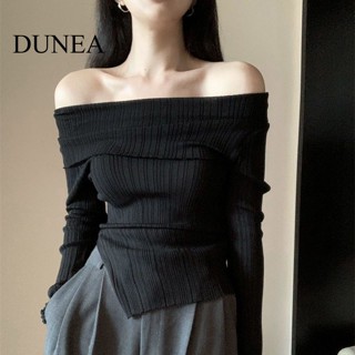 Dunea เสื้อกันหนาว แขนยาว เปิดไหล่ ผ่าข้าง แฟชั่นสําหรับผู้หญิง