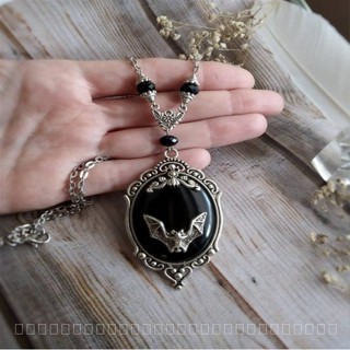 0908WSJ Wish Halloween Necklace Personalized Animal Bat Black Onyx Necklace Earring Ring Jewelry Ornament K1YC