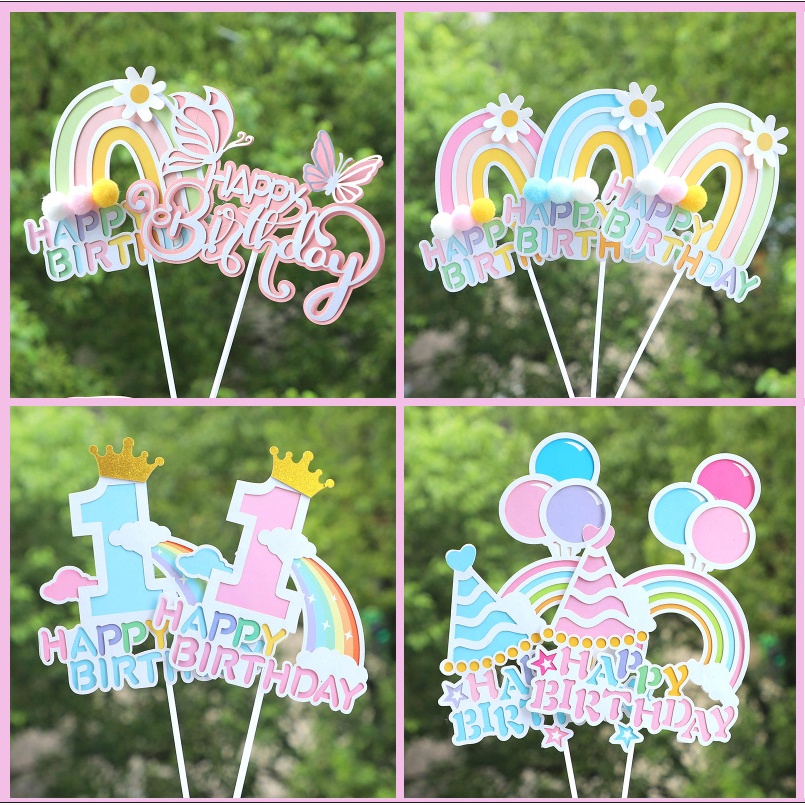 จุด  10ชิ้น/5ชิ้น/2ชิ้น หลากหลายแบบ2ชั้นลูกขนสายรุ้งดอกไม้ตกแต่งเค้กผีเสื้อบอลลูน1ปีอาทิตย์ดวงจันทร์โต๊ะขนมวันเกิดปลั๊กอิน