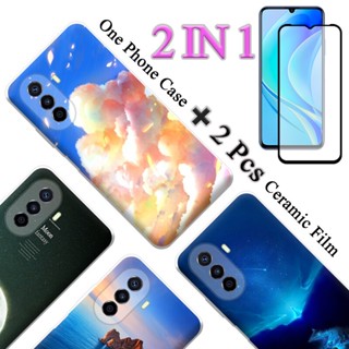 2 IN 1 Huawei Nova Y70 Nova Y70 Plus เคสพิมพ์ลาย แบบนิ่ม พร้อมกระจกนิรภัยกันรอยหน้าจอเซรามิค แบบโค้ง