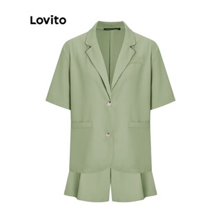 Lovito เสื้อเบลเซอร์แขนสั้น คอปก สไตล์ลำลอง สีพื้น สำหรับผู้หญิง L53AD058 (สีเขียวอ่อน/สีดำ)