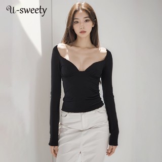 U-sweety เสื้อยืดแขนยาว คอวี เปิดหลัง เซ็กซี่ สีพื้น สําหรับผู้หญิง 2023