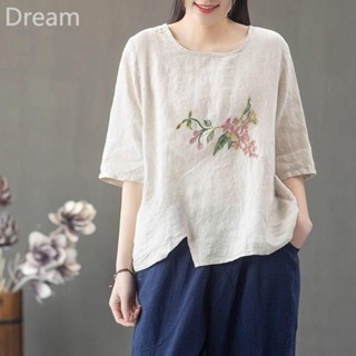 Cotton and linen top womens summer new thin embroidery large size womens loose literary retro Chinese ethnic style T-shirt