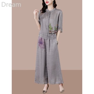 Womens embroidered linen top womens high-end cotton and linen suit mothers temperament loose Ramie two-piece set