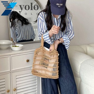 Yolo Raffia กระเป๋าถือ กระเป๋าสะพายไหล่ แบบสานกลวง แฮนด์เมด สไตล์โบฮีเมียน ความจุขนาดใหญ่ เหมาะกับฤดูร้อน