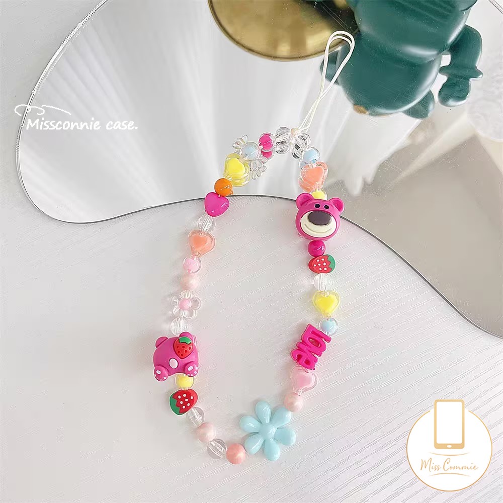 สายโซ่คล้องโทรศัพท์มือถือ อะคริลิค ประดับคริสตัล ลายการ์ตูนหมี สตรอเบอร์รี่น่ารัก สีสันสดใส แฟชั่นสําหรับผู้หญิง - รูปที่ 3
