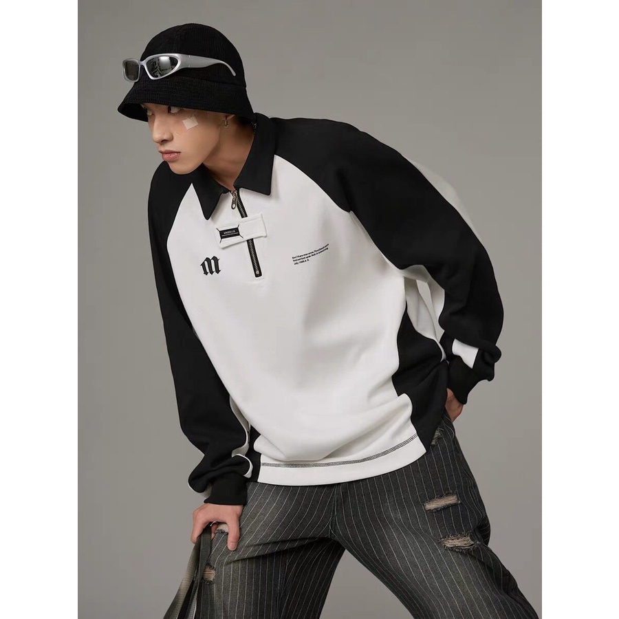 POLO D37 เสื้อโปโลแขนยาว คอปก แต่งซิป งานตัดต่อผ้า สกรีนอก