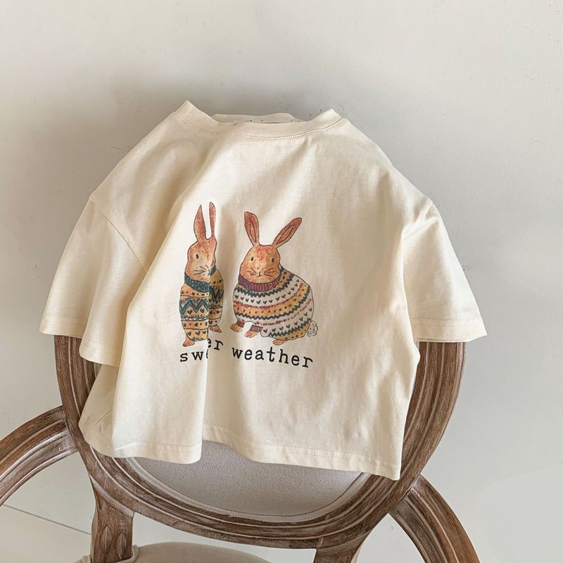เสื้อยืดแขนสั้น ผ้าฝ้าย พิมพ์ลายการ์ตูนกระต่ายน่ารัก สไตล์เกาหลี สําหรับเด็กผู้หญิง
