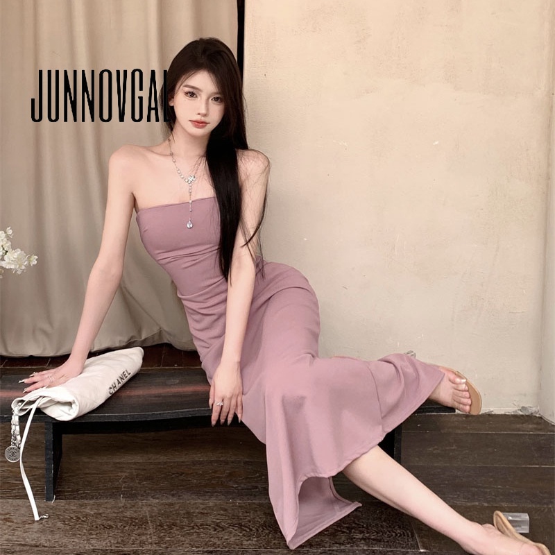 Junnovgal ชุดเดรสยาว เอวยางยืด แบบบาง แฟชั่นใหม่ สําหรับสตรี 2023
