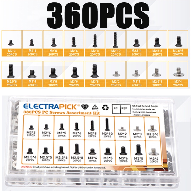 360pcs M2 M2.5 M3 Notebook Screws Black/Silvery Notebook Screws Kit Flat Head Screws with Screwdrive