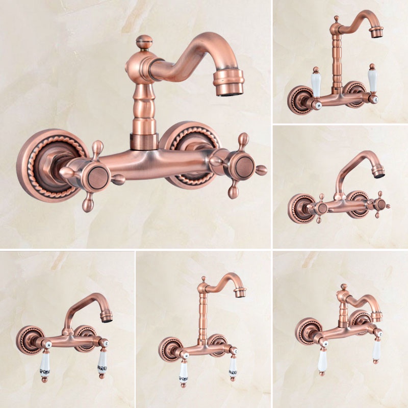 อ่างล้างหน้าก๊อกน้ําติดผนัง Lavatory Vessel ก๊อกน้ํา Dual Handle Kitchen Mixer โบราณสีแดงทองแดงห้องน