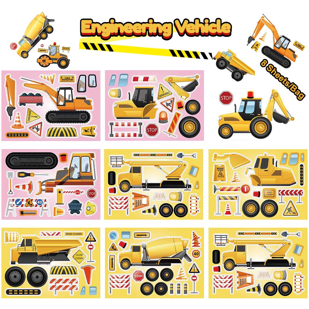 สติกเกอร์จิ๊กซอว์ รูปรถบรรทุก เกมประกอบ ของเล่นเด็ก DIY 8 แผ่น