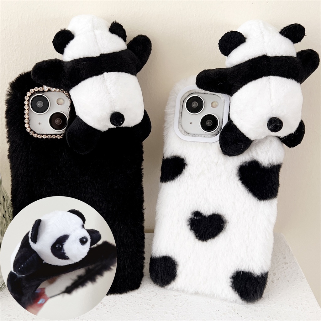 เคสโทรศัพท์มือถือ ผ้ากํามะหยี่ขนนิ่ม ลายการ์ตูนแพนด้า ขนปุยน่ารัก สําหรับ iPhone 15 14 13 12 11 Pro Max XS X XR 8 7 6 Plus