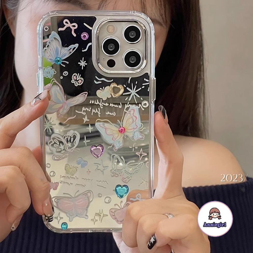 เคสโทรศัพท์มือถือ แบบนิ่ม ป้องกันสิ่งสกปรก ลายผีเสื้อ มีกระจก สําหรับ Iphone 11 13 14 Pro Max 12 15 Pro Max XS XR