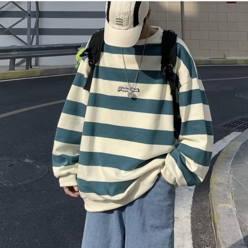 เสื้อกันหนาว คอกลม ลายทาง สไตล์ญี่ปุ่น สตรีท ไซซ์ M-8XL แฟชั่นสําหรับชาย และหญิง