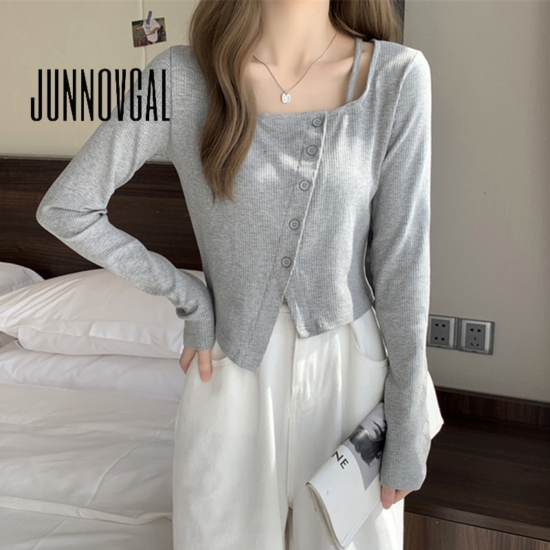 JUNNOVGAL เสื้อสเวตเตอร์ถักผู้หญิงขนาดบวกสีทึบไม่สม่ําเสมอสไตล์ใหม่ U-คอยาวแขนยาว Slim Fit