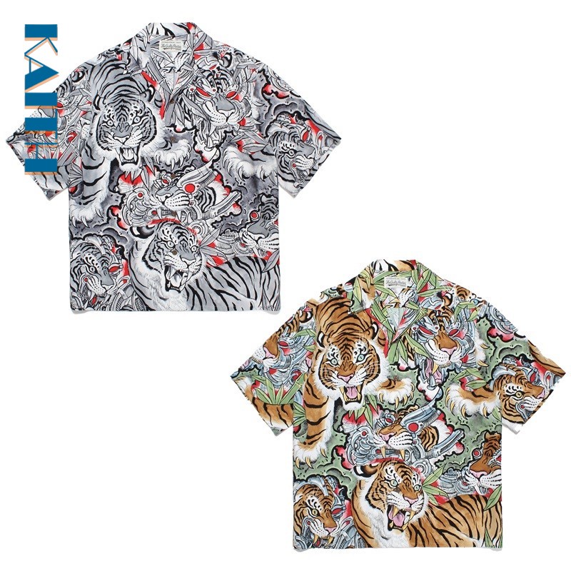 #L1 เสื้อเชิ้ตแขนสั้น คอปกพับ พิมพ์ลายกราฟฟิคเสือ ขนาดใหญ่ สีสันสดใส สไตล์เกาหลี วินเทจ ยอดนิยม สําหรับผู้ชาย และผู้หญิง