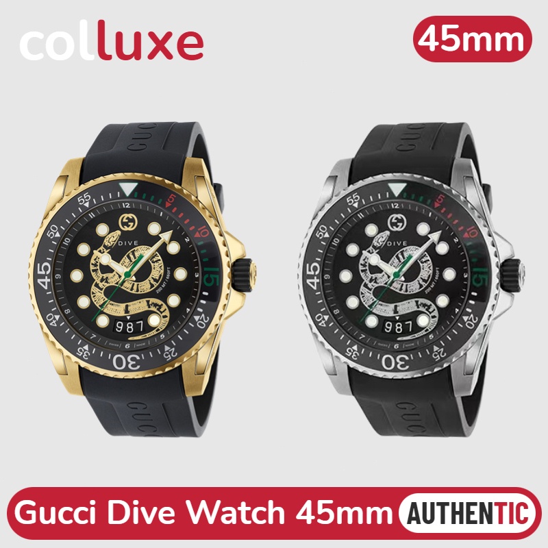 แบรนด์ใหม่และเป็นของแท้/⌚กุชชี่ Gucci Dive Watch 45mm ยางดำ การเคลื่อนไหวควอตซ์ กันน้ำได้ 20 ATM (660 ฟุต / 200 เมตร)