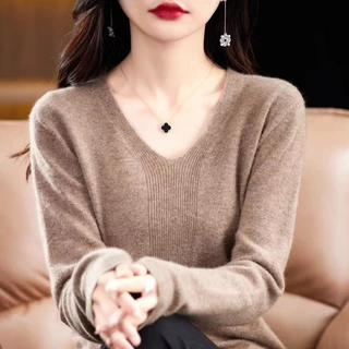 เสื้อแขนยาวคอวีสีพื้น เสื้อไหมพรมผ้ายืดใส่สบาย มี 12 สีให้เลือก