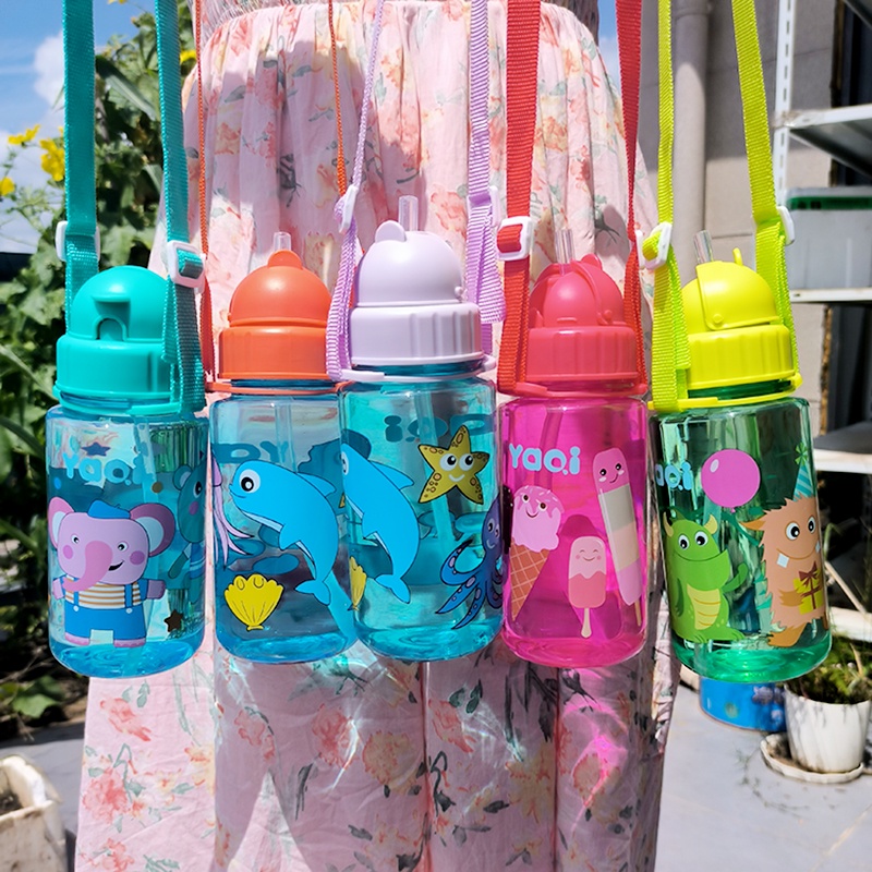 พร้อมส่ง กระติกน้ำหลอดเด้ง 400ml. ขวดน้ำลายการ์ตูน มีสายสะพาย กระบอกน้ำเด็กพกพา Water Bottle