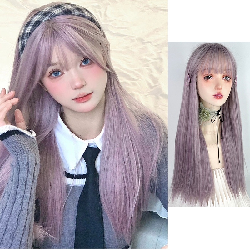 วิกผมยาวตรง พร้อมหน้าม้า วิกผมสังเคราะห์ธรรมชาติ โลลิต้า สีม่วงเผือก คอสเพลย์ วิกผม สําหรับผู้หญิง ผู้ชาย ปาร์ตี้