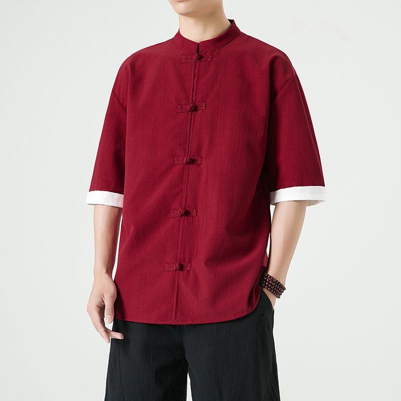 เสื้อเชิ้ตแขนสั้น แขน 3/4 ผ้าฝ้าย และผ้าลินิน พิมพ์ลายกบ สไตล์จีนเรโทร สําหรับผู้ชาย