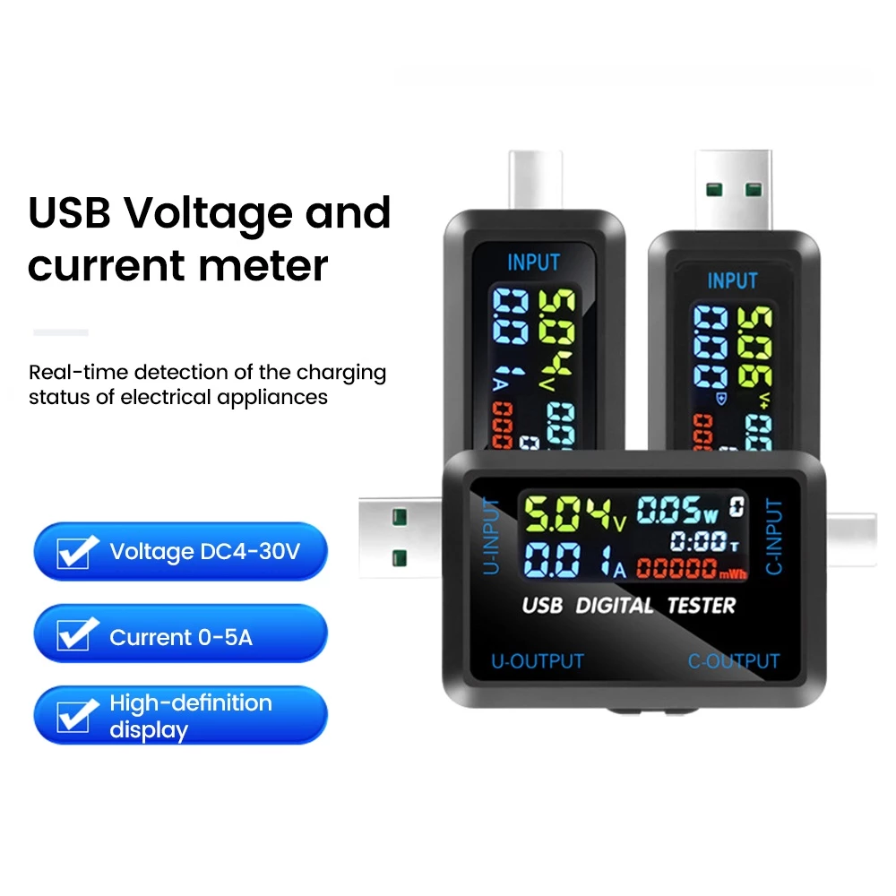 Diymore DC 4.5~36V มัลติฟังก์ชั่น จอแสดงผลดิจิตอล เครื่องทดสอบแรงดันไฟฟ้า กระแสไฟ USB + Type-C อินเทอร์เฟซ USB สายชาร์จ เครื่องตรวจจับ