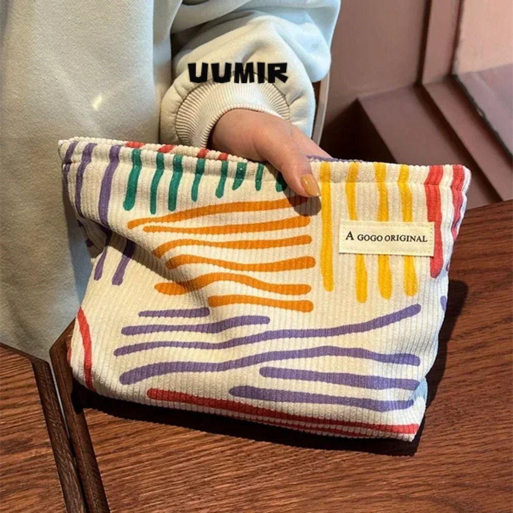UUMIR กระเป๋าเครื่องสําอาง ผ้าลูกฟูก ลายทาง แฟชั่นสําหรับผู้หญิง