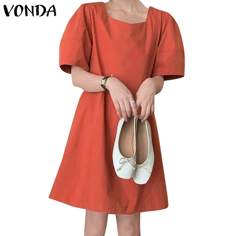 Vonda ชุดเดรส คอสี่เหลี่ยม แขนสั้น ทรงเอ สีพื้น สไตล์เกาหลี สําหรับผู้หญิง