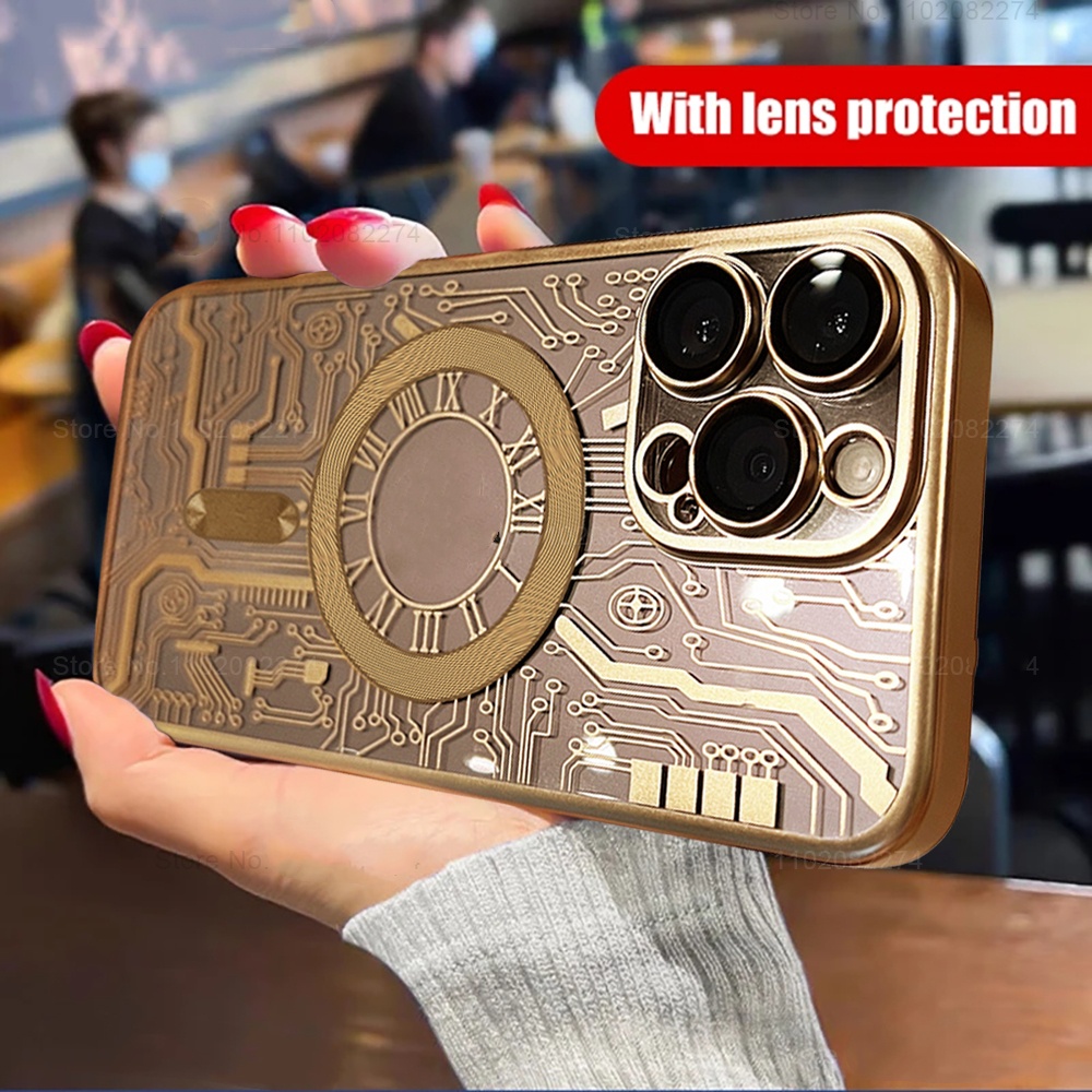 เคสโทรศัพท์มือถือแบบใส ชุบแม่เหล็ก พร้อมแหวนโลหะ หรูหรา สําหรับ IPhone 15 14 13 12 11 Pro Max