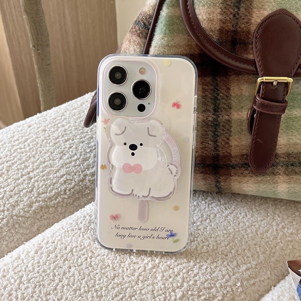 ปลอกปกแข็งเข้ากันได้กับiphone 12 12Pro 12ProMax 13 13Pro 13ProMax 14Pro 14ProMax 15Pro 15ProMax 16 16Pro 16ProMaxโบว์รูปลูกสุนัขแม่เหล็กกรณี