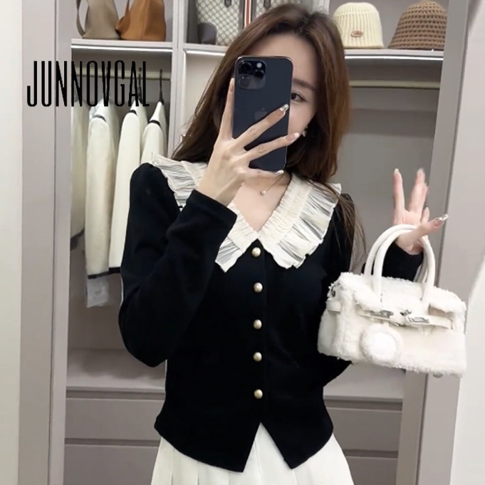 Junnovgal เสื้อยืดแขนยาว ผ้าถัก คอปก เข้ารูป สีตัดกัน สไตล์เรโทร สําหรับผู้หญิง 2024