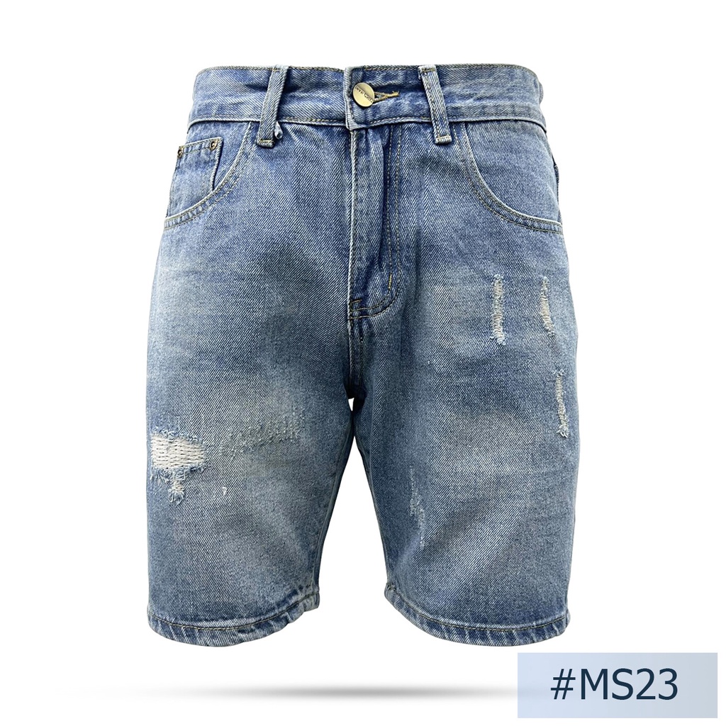 นิยมยีนส์ Niyom jeans รุ่น MS23 กางเกงยีนส์ขาสั้นชาย  สียีนส์ ผ้าไม่ยืด แต่งปะ แต่งริ้วแต่งเฟด