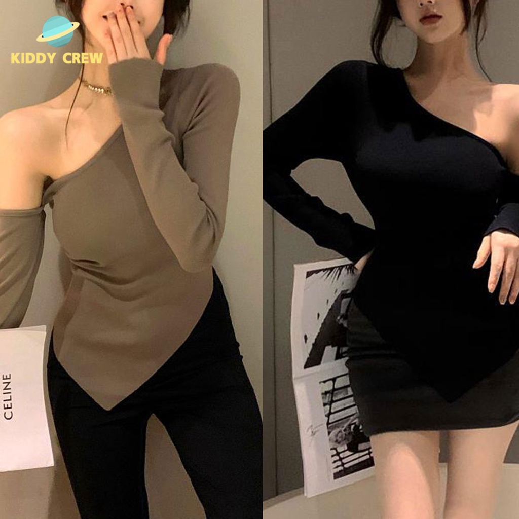 เสื้อครอปเเขนยาวปาดไหล่สีพื้นแฟชั่นฤดูใบไม้ร่วง สําหรับผู้หญิง