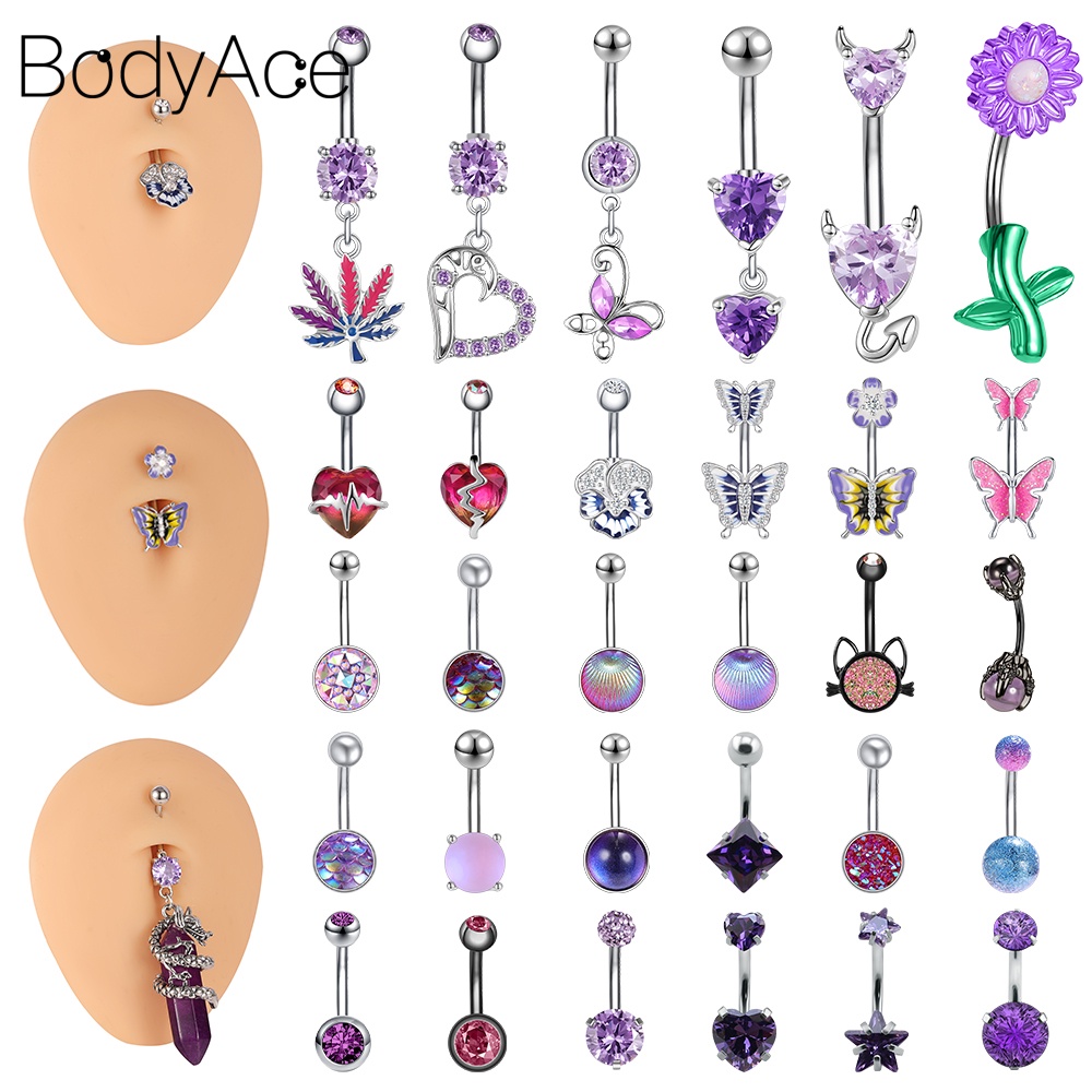 Bodyace จิวสะดือ สเตนเลส จี้คริสตัล รูปหัวใจ ผีเสื้อ 14 กรัม 1 ชิ้น