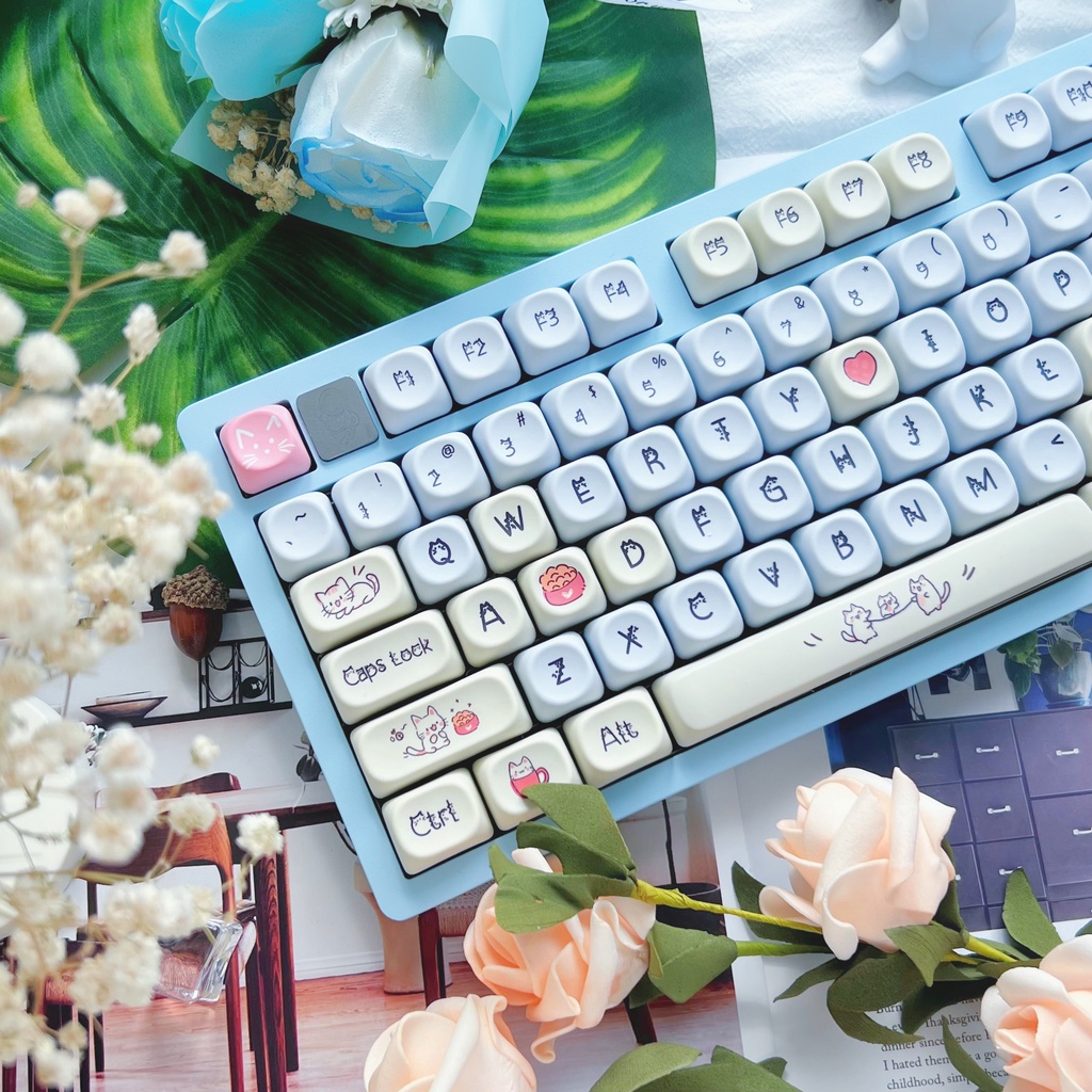 Hunky Meow Keycap MOA-like Height PBT Material Sublimation Blue Cute Cat Mechanical Keyboard Keycap เตี้ยเหมียวคีย์แคป MOA เช่นความสูง PBT วัสดุระเหิดสีฟ้าน่ารักแมวคีย์บอร์ดเครื่อง