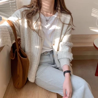 สไตล์เกาหลี วินเทจ สีพื้น เสื้อคาร์ดิแกนแขนยาว ลําลอง สําหรับผู้หญิง