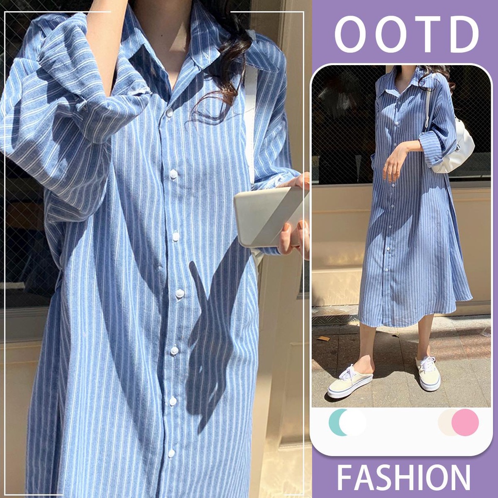 mimi&didi ชุดเดรสลายทางแฟชั่นของผู้หญิง คอวี ชุดเดรสเชิ้ตแขนยาว ลายเข็มขัดหลวม ผ้าเนื้อดีสวมใส่สบาย(ใส่ได้ 2 แบบ)#W307