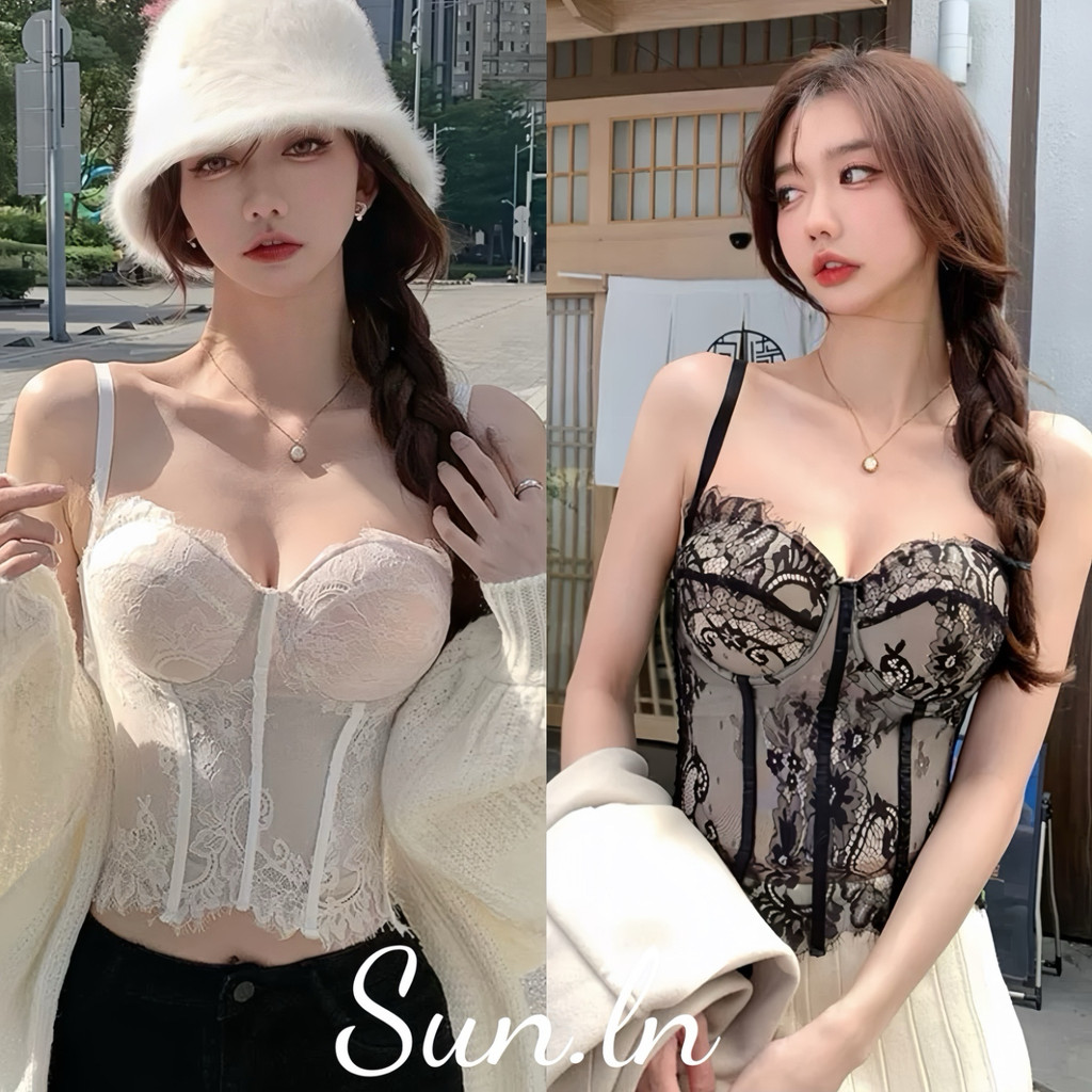 SUN🛍️พร้อมส่ง🛍️ชุดชั้นในลูกไม้สไตล์ฝรั่งเศสพร้อมเสื้อท่อนบนบุนวม เสื้อกั๊กแน่น