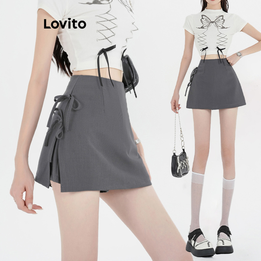 Lovito กระโปรงผู้หญิง แต่งโบว์ สีพื้น สไตล์ลำลอง LNE67383