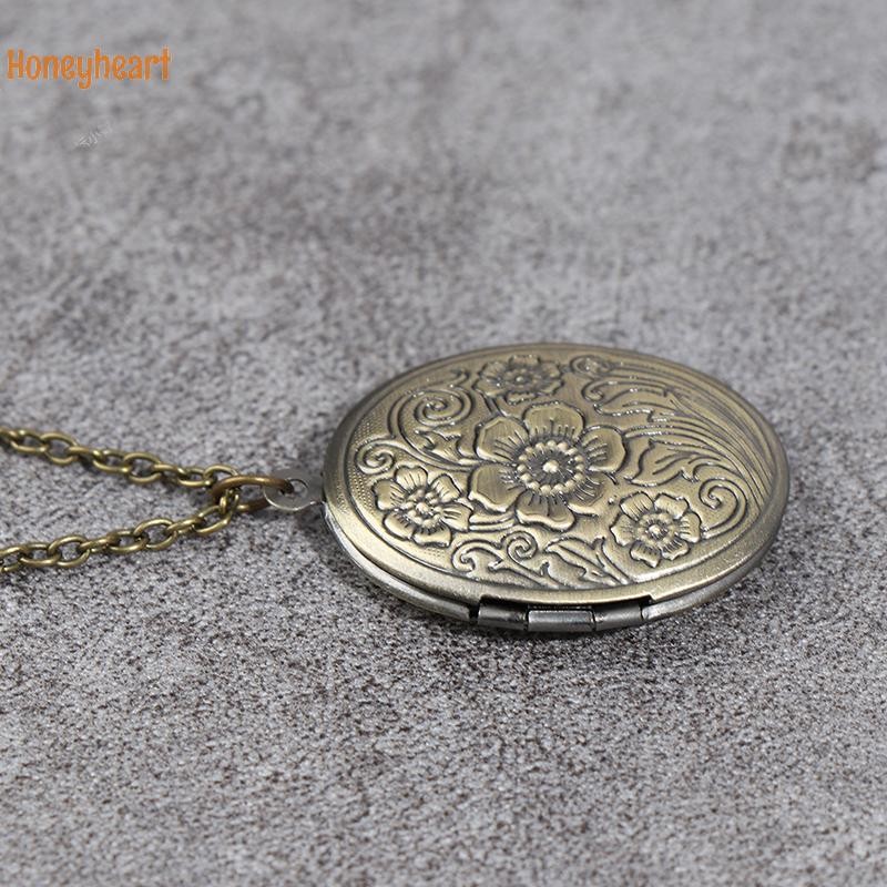 <Honeyheart> แกะสลักดอกไม้ลาย Locket จี้สร้อยคอ Vintage ทองเหลืองเปิดกล่องรูปถ่าย