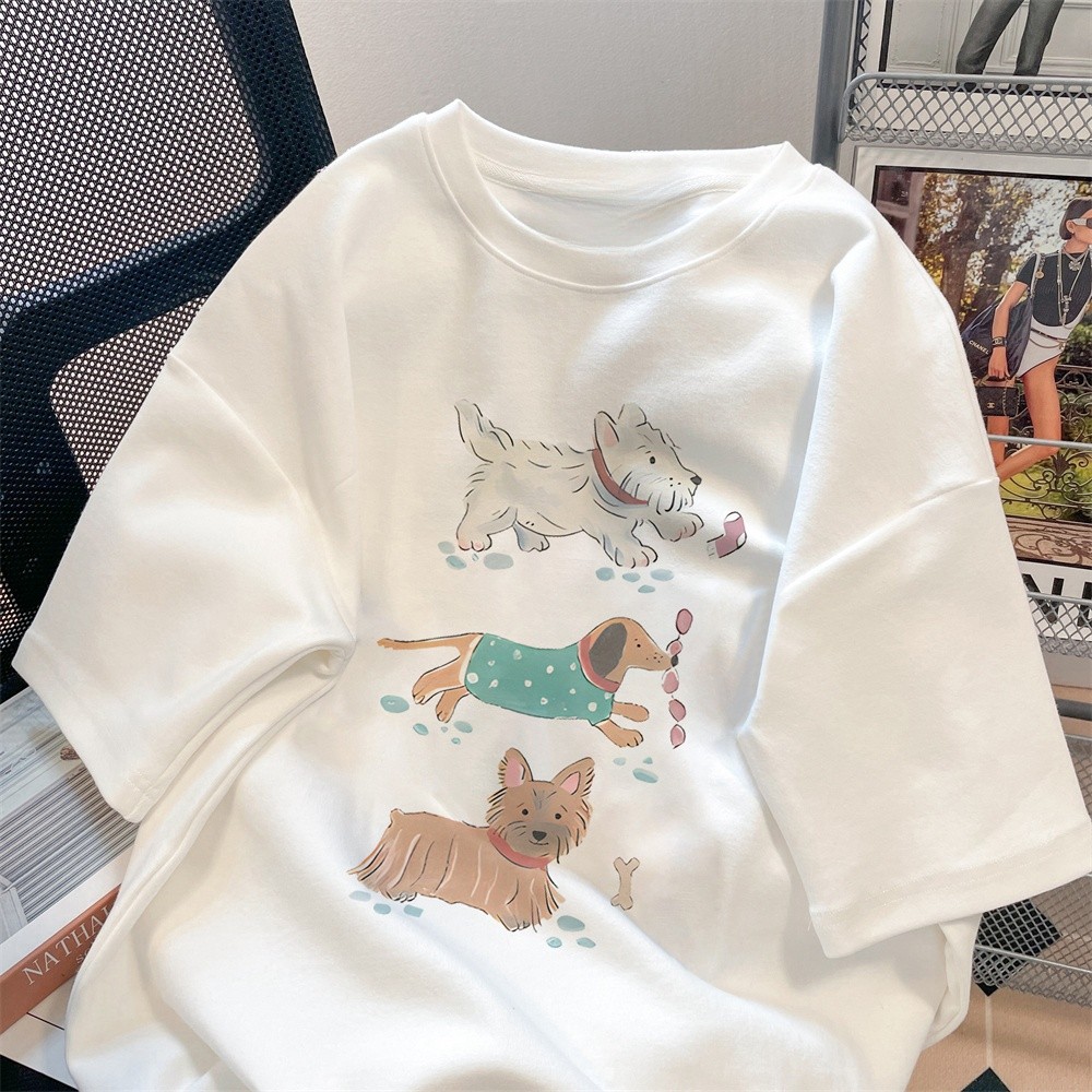 🚚【จัดส่งจากไทย】เสื้อเชิ้ตแขนสั้นพิมพ์ลายลูกหมาน่ารักสไตล์เกาหลี สไตล์ลำลอง คอกลม ผ้าเนื้อนุ่ม สวมใส่สบาย