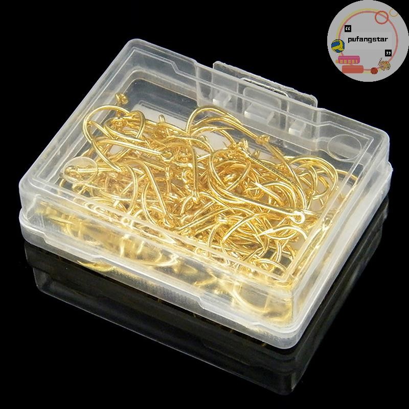 Pufangstar 100 ชิ้นกล่องสีทองแหวนหลอด Pay Iseini ตะขอ Barbed เหล็กคาร์บอนสูงตะขอตกปลาทะเล TH