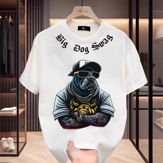 เสื้อยืดคอกลม-แขนสั้น oversize t-shirt พิมพ์ลายหมาสุดเท่ เสื้อสตรีทแฟชั่น เสื้อฮิปฮอปเมกา t-shirt men สีขาว-ดำ