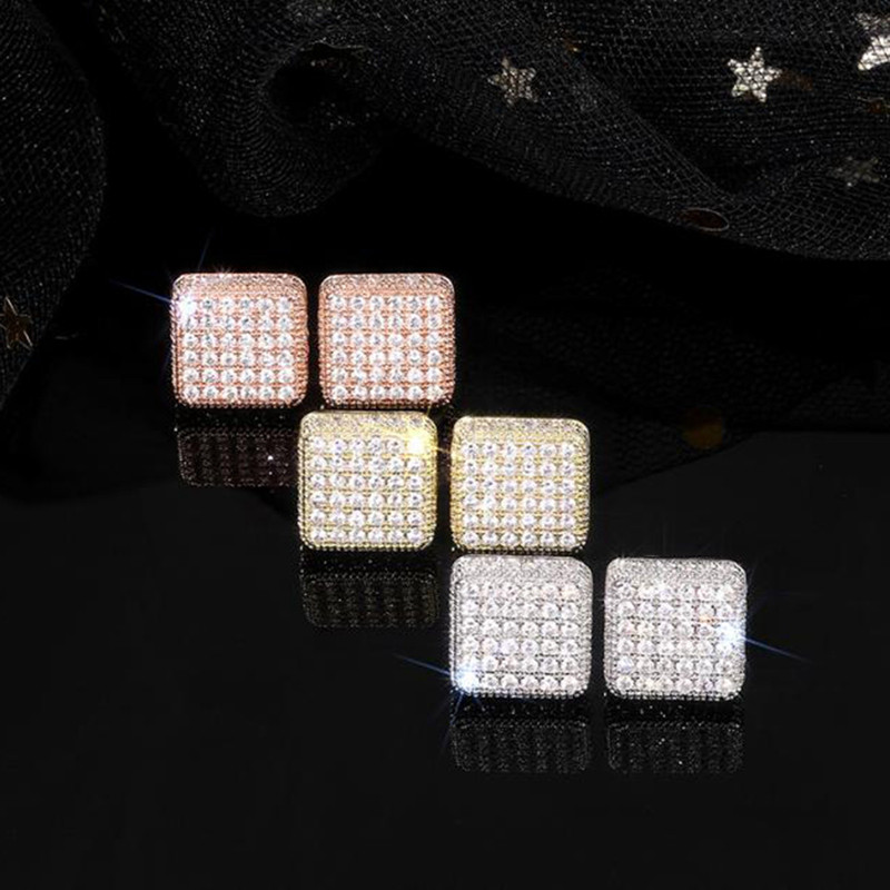 Hip Hop Geometry Square Iced Out Bling ต่างหูสตั๊ดสําหรับผู้ชายและผู้หญิงเครื่องประดับแฟชั่น